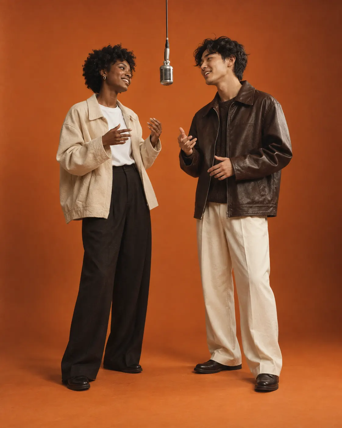 Original concept image of two adult friends performing in a warm orange studio beneath a hanging microphone. Concept art, not a customer video.